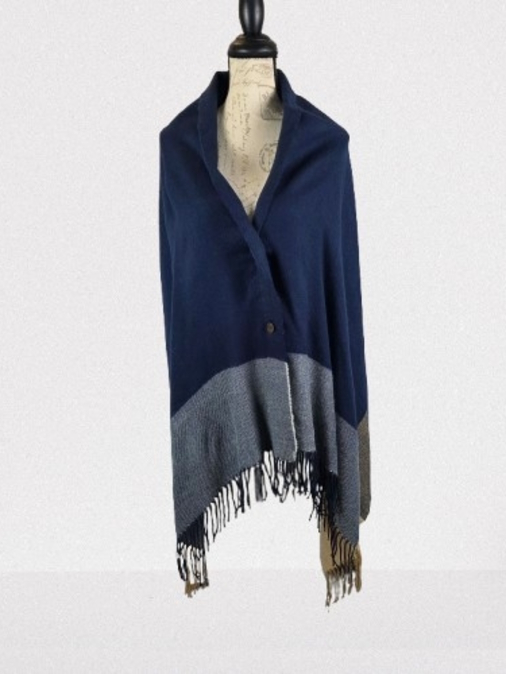 NWT Harve Bernard Brushed 2 Button Fringe Convertible Cardigan Wrap Navy Tan